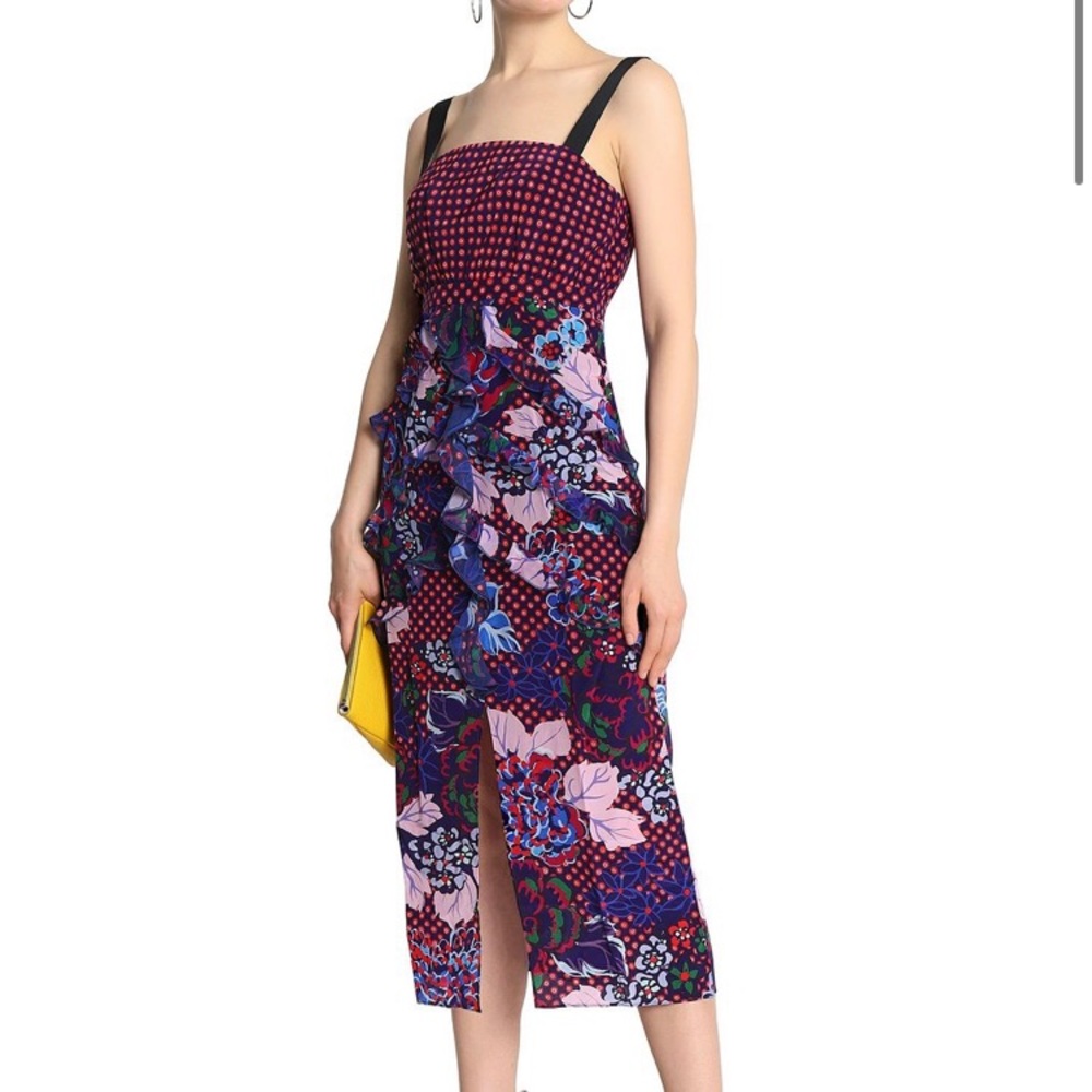 NWT Saloni Floral-Print Dotted Midi Dress